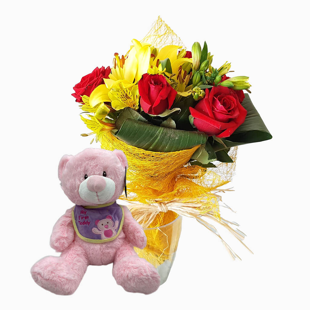Flores Y Orso Para Regalo De Nacimiento